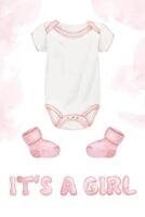 Baby gender party. It's a girl inscription. Greeting card with Children's bodysuit and socks. New born girl celebration. Template of newborn party invitation and baby shower. Watercolor illustration. vector