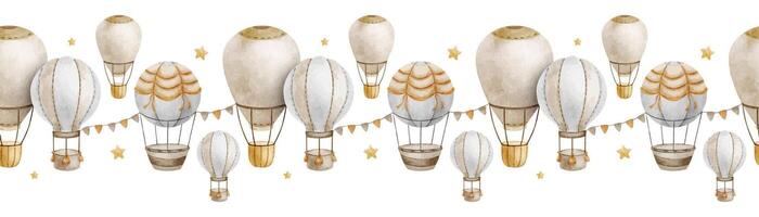 Beige Hot Air Balloons, flags and stars. Cute baby seamless border. Children's background. Watercolor frame. Isolated. Design for kid's goods, postcards, baby shower and children's room vector