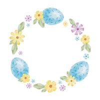 Frame of cute colorful Easter eggs, flowers and leaves. Paschal Concept with blue Easter Eggs. Isolated watercolor illustration. Template for Easter cards, covers, posters and invitations. vector