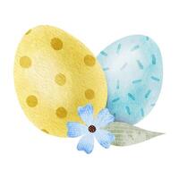 Blue, purple Easter eggs, flower and leaves. Paschal Concept with Easter Eggs with Pastel Colors. Isolated watercolor illustration. Template for Easter cards, covers, posters and invitations. vector