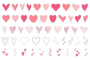 Set of hand drawn pink and red hearts. Vector illustration.