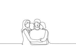 whole family hugging - one line drawing vector. concept of family ties, living grief with whole family, hugging father with whole family vector