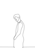 man standing with his back to the viewer and his hand in his pocket, man turned to the viewer - one line drawing vector. concept look around, see off, reluctantly leave vector