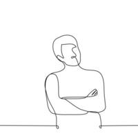 man crossed his arms and tilted his head, he looks accusing or full of skepticism - one line drawing vector. concept skepticism or condemnation vector