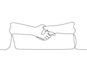 handshake - one line drawing vector. two human hands hold each other in a gesture of greeting or reconciliation vector