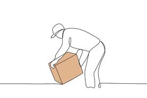 man in cap puts out big box at the delivery address - one line drawing vector. online order delivery concept vector