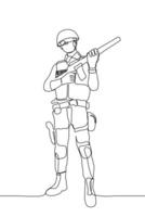 joven hombre en un casco y militar uniforme con un rifle en su manos y en un protector médico máscara soportes en lleno crecimiento posando uno línea dibujo de un soldado o paintball jugador vector