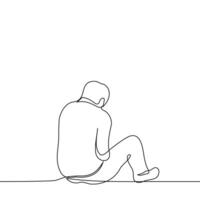 man sits on the ground or on the floor with his head down with his back to the viewer - one line drawing vector. concept loneliness, give up, be abandoned, outcast vector