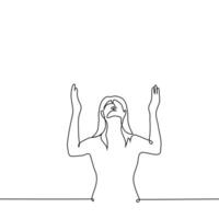 woman raised her hands and face to the sky - one line drawing vector. concept prayer, appeal to God vector