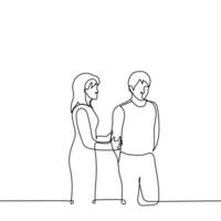 mujer direcciones hombre por participación o parada él por el mano y hombre se niega su por ocultación manos detrás su espalda - uno línea dibujo vector. concepto mujer rechazado por hombre, a persuadir vector