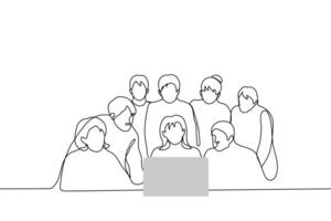 company of people crowded over laptop and look into it - one line drawing vector. concept of work team is struggling with solution to problem, students are studying or curious, friends are watching vector