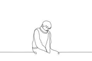 man freezing and sitting in a sweater with his collar up to his face - one line drawing vector.  concept lonely freezing man, chills, colds vector