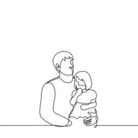 hombre sentado con bebé - uno línea dibujo vector. concepto de un padre con un pequeño hija quien se sienta en su regazo, adulto hermano y mas joven hermana vector