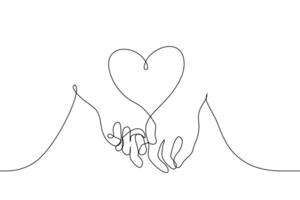 two human hands hold fingers for each other space between them in shape of heart - one line drawing vector. concept of two lovers, newlyweds, couple skinship vector