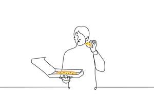 man stands with a box of pizza and eats a piece - one line drawing vector. concept eating pizza alone, pizza for one vector