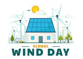 Global Wind Day Vector Illustration on June 15 with Earth Globe and Winds Turbines for Power and Energy Systems on Blue Sky in Flat Cartoon Background