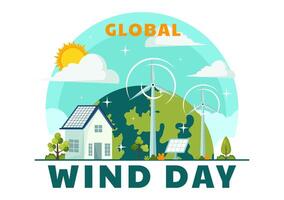 Global Wind Day Vector Illustration on June 15 with Earth Globe and Winds Turbines for Power and Energy Systems on Blue Sky in Flat Cartoon Background