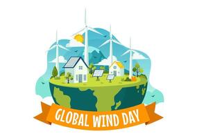 Global Wind Day Vector Illustration on June 15 with Earth Globe and Winds Turbines for Power and Energy Systems on Blue Sky in Flat Cartoon Background