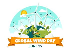 Global Wind Day Vector Illustration on June 15 with Earth Globe and Winds Turbines for Power and Energy Systems on Blue Sky in Flat Cartoon Background