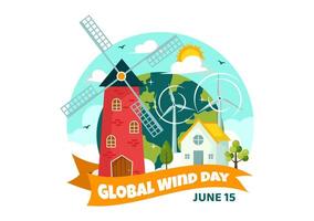 Global Wind Day Vector Illustration on June 15 with Earth Globe and Winds Turbines for Power and Energy Systems on Blue Sky in Flat Cartoon Background