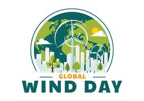 global viento día vector ilustración en junio 15 con tierra globo y vientos turbinas para poder y energía sistemas en azul cielo en plano dibujos animados antecedentes