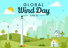 global viento día vector ilustración en junio 15 con tierra globo y vientos turbinas para poder y energía sistemas en azul cielo en plano dibujos animados antecedentes