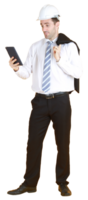 Handsome and smart engineer in suit and white shirt and Wearing a white safety engineer hat with hand holding smartphone or tablet png