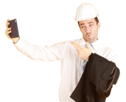 Handsome smart engineer or architecture is Wearing a white safety hat with hand holding smartphone and enjoy with Selfie by himself png