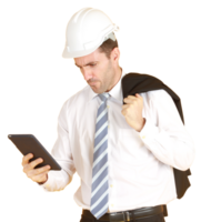 knap en slim ingenieur in pak en wit overhemd en vervelend een wit veiligheid ingenieur hoed met hand- Holding smartphone of tablet png