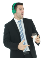 Handsome and smart businessman relax with listening to music in green headphones and hand holding a cup of coffee png