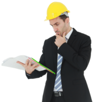 Handsome and smart engineer or architecture in black suit Wearing a yellow safety engineer hat with hand holding construction drawing papers and serious in work png