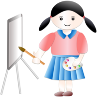 un niña vistiendo un colegio uniforme participación un Cepillo de pintura y un paleta soportes siguiente a un dibujo tablero png