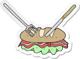 autocollant d'un couteau et d'une fourchette de dessin animé coupant un énorme sandwich png