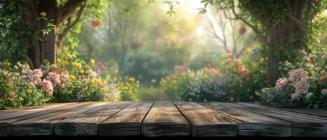 AI generated Blurry garden house scene behind an empty wooden surface, setting the stage for product displays. photo