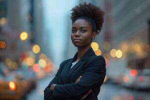 ai generado un africano americano profesional mujer de negocios en pie en un ciudad calle. ella es vestido esmeradamente en un negocio traje y tener brazos cruzado. foto