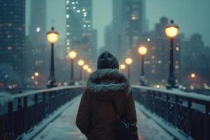 AI generated Cinematic back view of cinematic young man in winter coat walking outside in urban city on bridge on a moody, foggy, winters night. photo