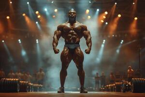 AI generated A bodybuilder on a competition stage, striking a classic bodybuilding pose. photo