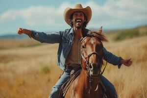 ai generado contento vaquero en lado de caballo, montando mediante abierto campos , encarnando occidental aventura. foto