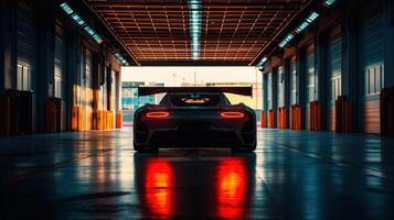 AI generated Silhouette of generic sports car in dark garage, back view, pit lane setting, dramatic, cinematic lighting photo