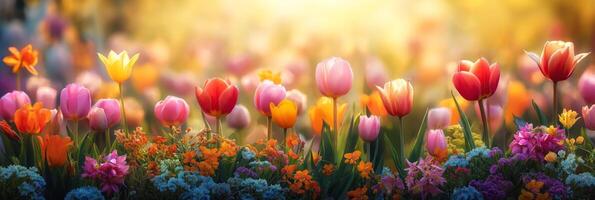 AI generated A springtime banner of field filled with a variety of flowers like tulips, daffodils, and cherry blossoms, in an array of bright pinks, yellows and purples. photo