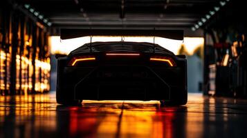 AI generated Silhouette of generic sports car in dark garage, back view, pit lane setting, dramatic, cinematic lighting photo