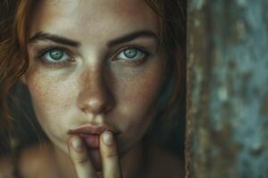 AI generated A poignant, symbolic portrait of a woman, her expression conveying a mixture of resilience and sadness, set against a muted, somber background. photo