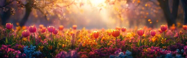 AI generated A springtime banner of field filled with a variety of flowers like tulips, daffodils, and cherry blossoms, in an array of bright pinks, yellows and purples. Spring morning photo