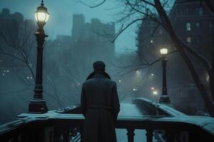 AI generated Cinematic back view of cinematic young man in winter coat walking outside in urban city on bridge on a moody, foggy, winters night. photo