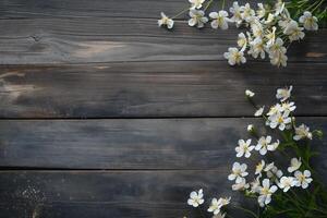 ai generado oscuro marrón gris de madera textura con primavera flores en Derecha a utilizar como antecedentes foto