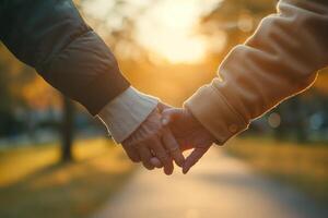 AI generated An elderly person holding hands with a younger person, symbolizing care and support during autumn. photo