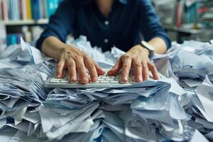 AI generated Hands of a person desperately trying to work on a keyboard buried under a mountain of unorganized paperwork, symbolizing extreme work overload. photo