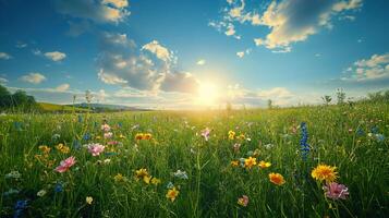 AI generated Vivid wildflowers bloom under the golden light of sunset in a serene meadow, with a beautiful blue sky dotted with clouds above. photo