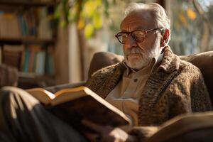 ai generado un mayor hombre disfruta leyendo un libro en un cómodo cuero silla, rodeado por estantería de libros en un cálido, iluminado por el sol hogar biblioteca. foto