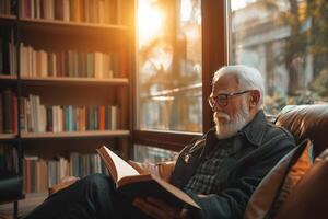 ai generado un mayor hombre disfruta leyendo un libro en un cómodo cuero silla, rodeado por estantería de libros en un cálido, iluminado por el sol hogar biblioteca. foto